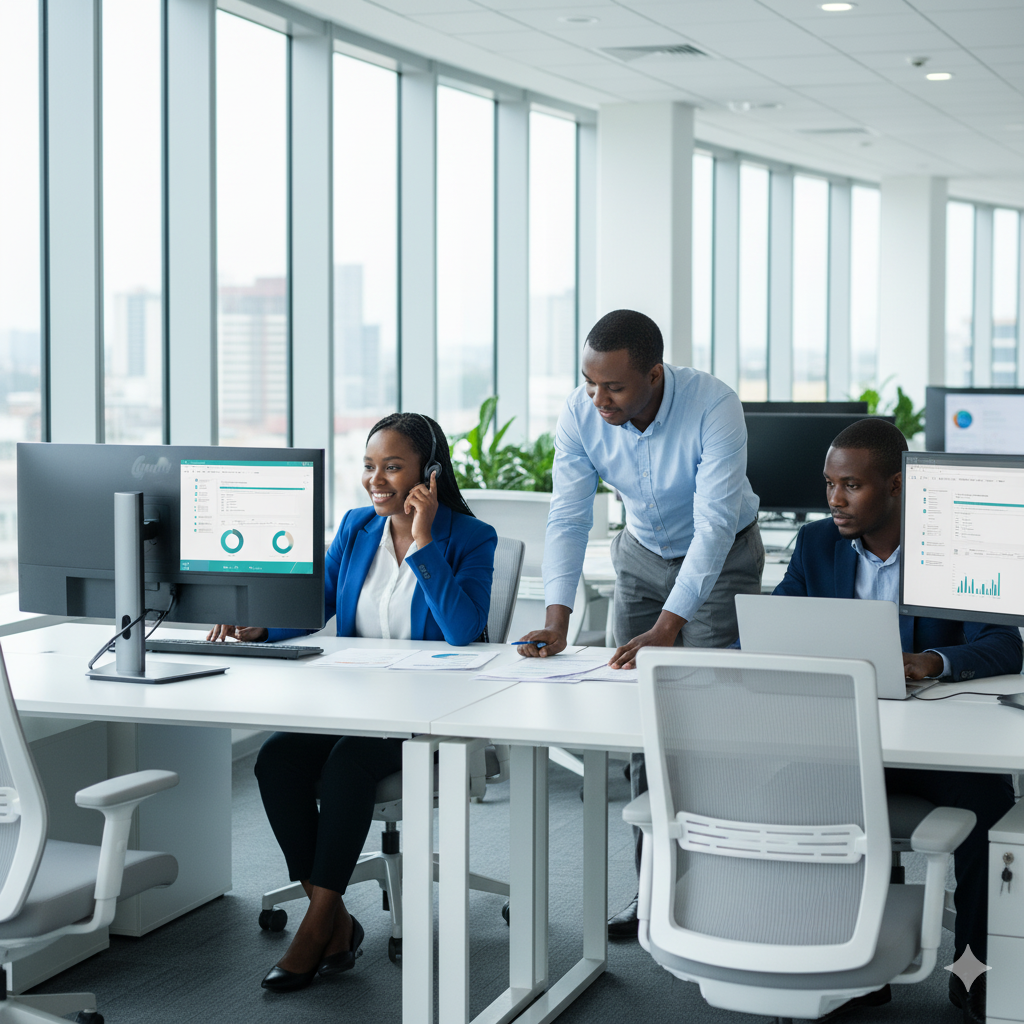 Professional remote teams working from outsourcing campuses